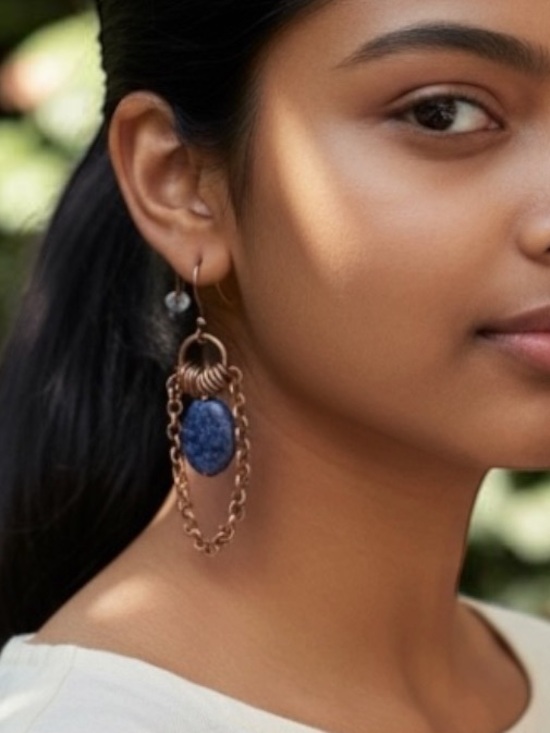 Hand Crafted Jewelry - HAND CRAFTED LAPIS LAZULI & COPPER CHAIN DANGLE EARRINGS Boho Gemstone Jewelry